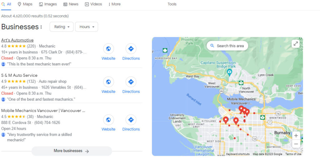 Screenshot of a Google My Business profile, including the business name, address, phone number, website URL, and reviews