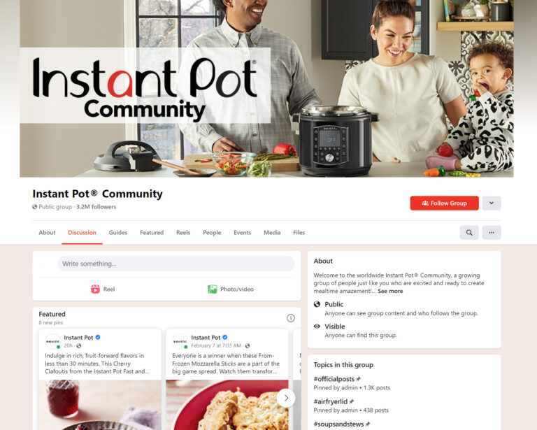 A screenshot of Instant Pot's Facebook page, displaying the company's logo, cover photo, and various posts