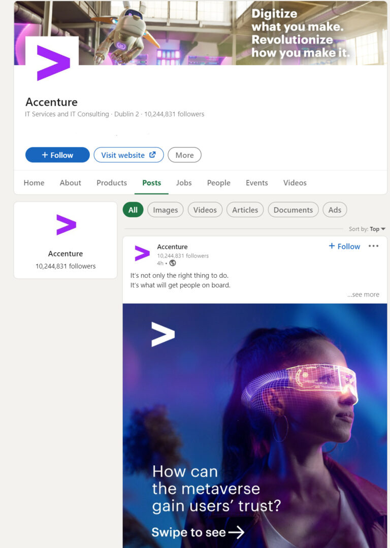 A screenshot of Accenture's LinkedIn page, displaying the company's logo, cover photo, and various posts
