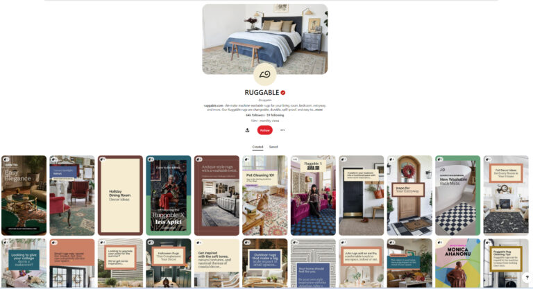 A screenshot of Ruggable's Pinterest page, displaying the company's logo, cover photo, and various pins