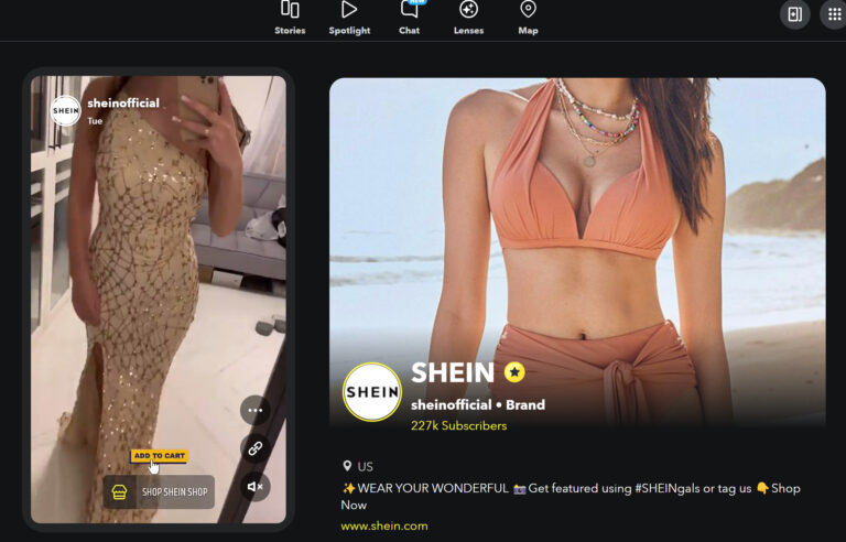 A screenshot of SHEIN's Snapchat account, displaying the company's username, profile picture, and various snaps