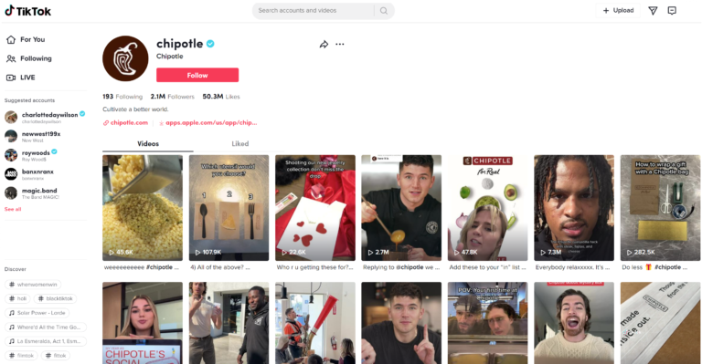 A screenshot of Chipotle's TikTok page, displaying the company's username, profile picture, and various videos