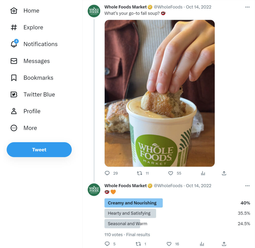 A screenshot of Whole Foods' Twitter page, displaying the company's profile picture, cover photo, and various tweets