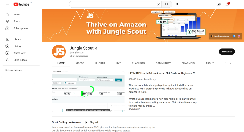 A screenshot of Jungle Scout's YouTube page, displaying the company's logo, channel banner, and various video thumbnails
